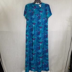 Coldwater Creek Dress Size 6 Blue Floral Print Pleat Front Long 90's Look